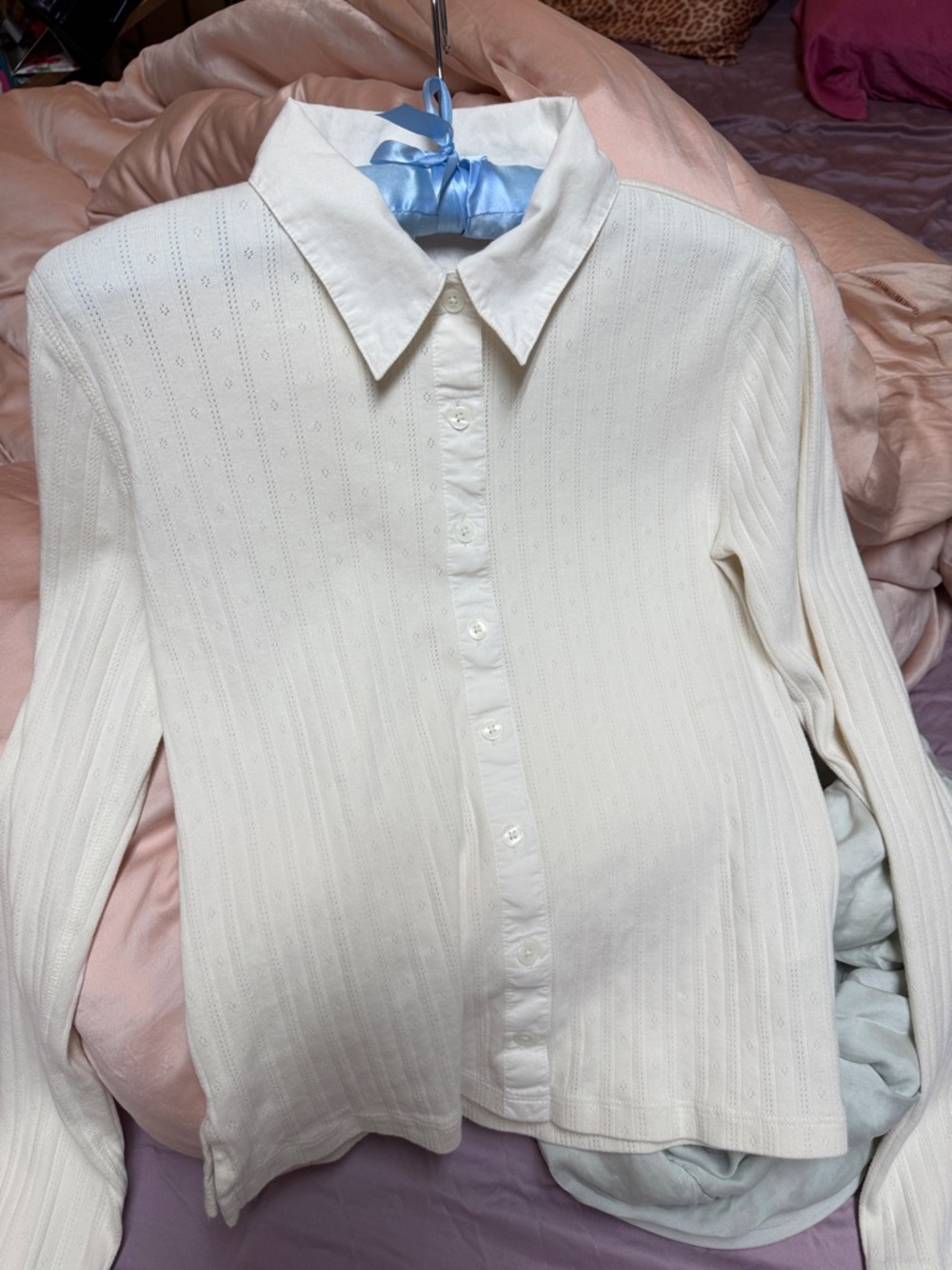 Cream cotton Pointelle-Knit Cardigan Top M